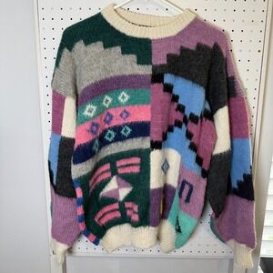 Vintage Sweater Multicolor Geometric Knit Crew Neck Pullover Cozy Classic Medium